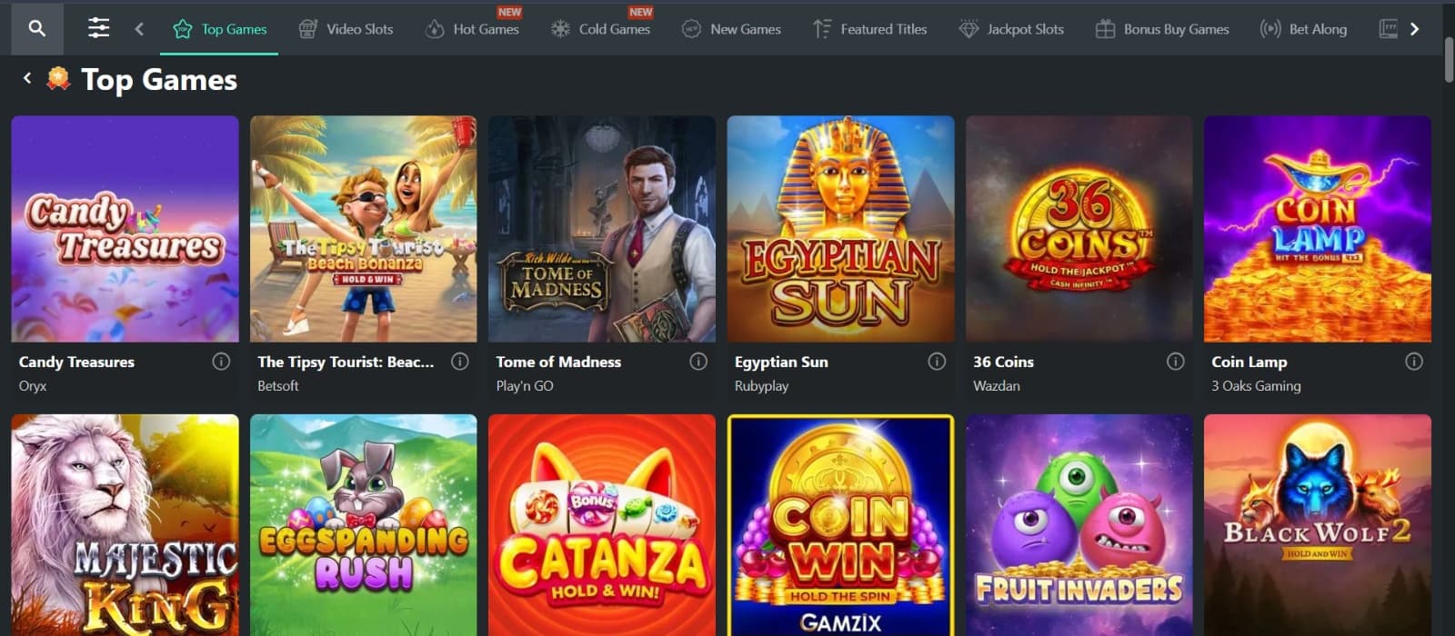 1bet casino games page with top slots under category tab bar