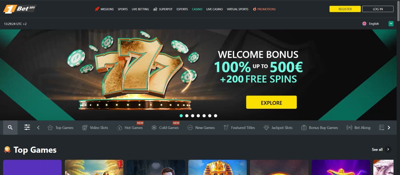 1bet casino landing page with welcome bonus of 500 eur banner with 777 and gold coins image