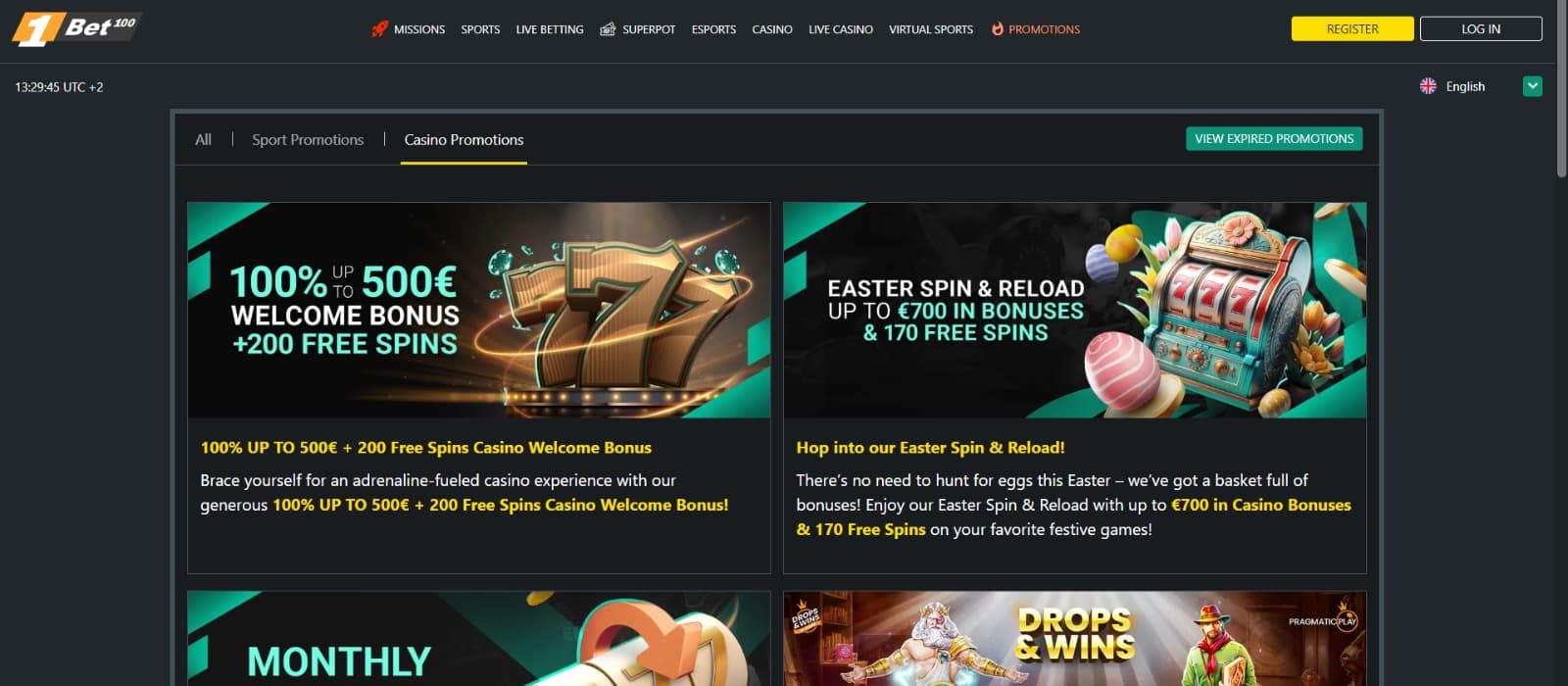 1bet casino promotions page with casino sign up bonus and Easter spins and reloads