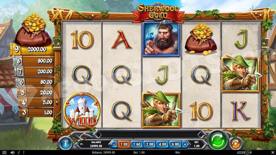 A five reels casino slot in a natural landscape with a few houses. 
