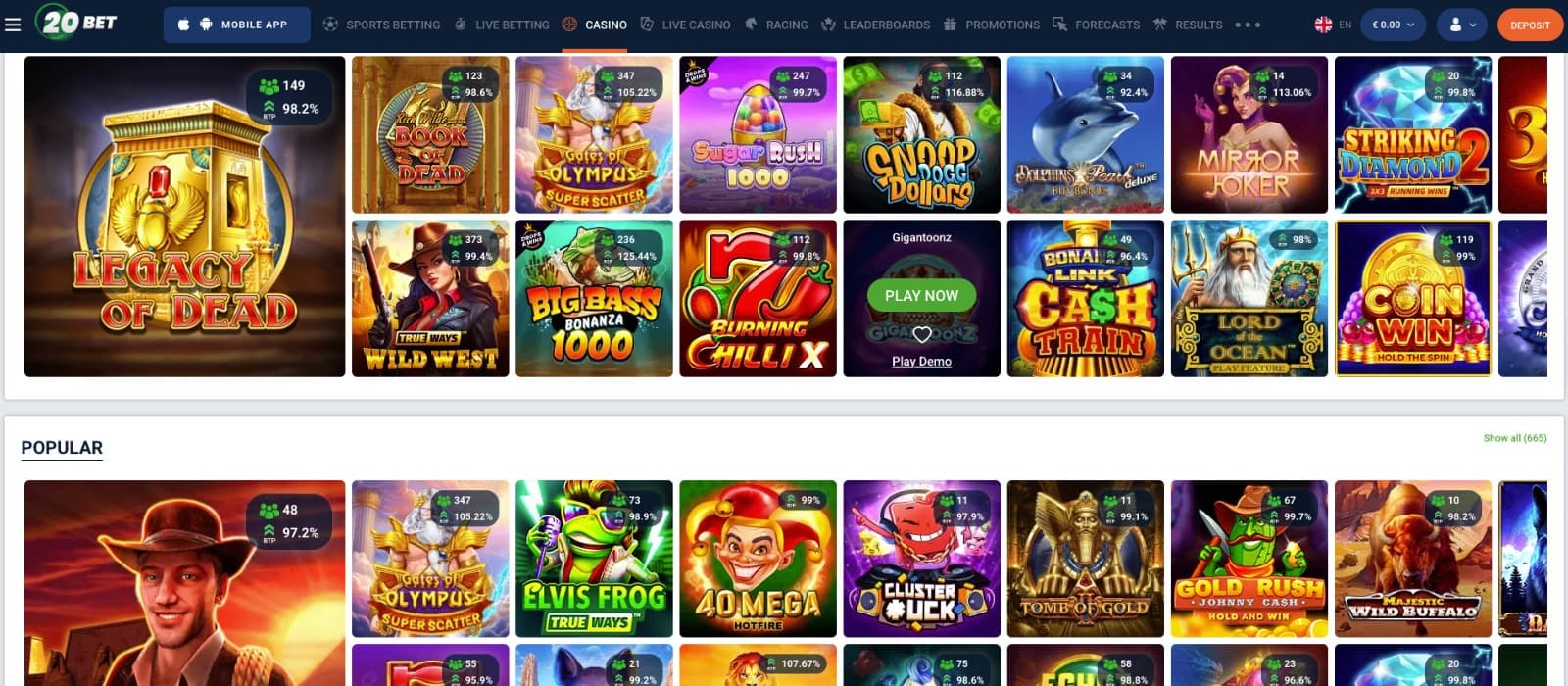 The games page of 20Bet Casino showcases popular slot titles like Legacy of Dead, Gates of Olympus, Sugar Rush 1000, and Big Bass Bonanza 1000, with featured RTP and player activity indicators.