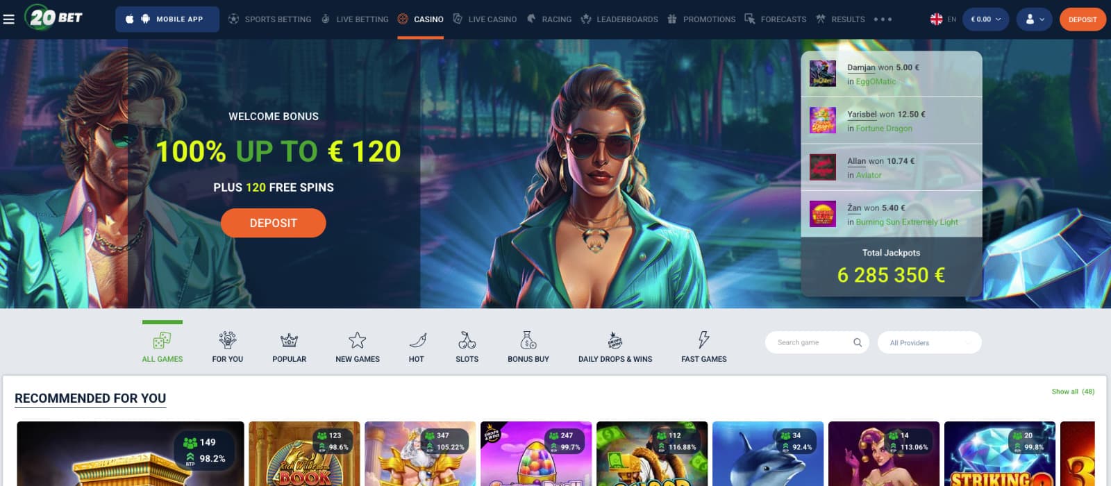 The landing page of 20Bet Casino highlights the welcome bonus of 100% up to €120 plus 120 free spins, alongside a modern design featuring live jackpots and popular slot recommendations.