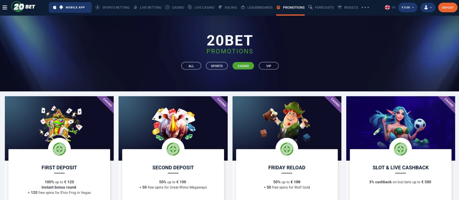 The promotions page of 20Bet Casino presents the first deposit bonus of 100% up to €120 plus 120 free spins, alongside second deposit offers, Friday reload bonuses, and cashback rewards.