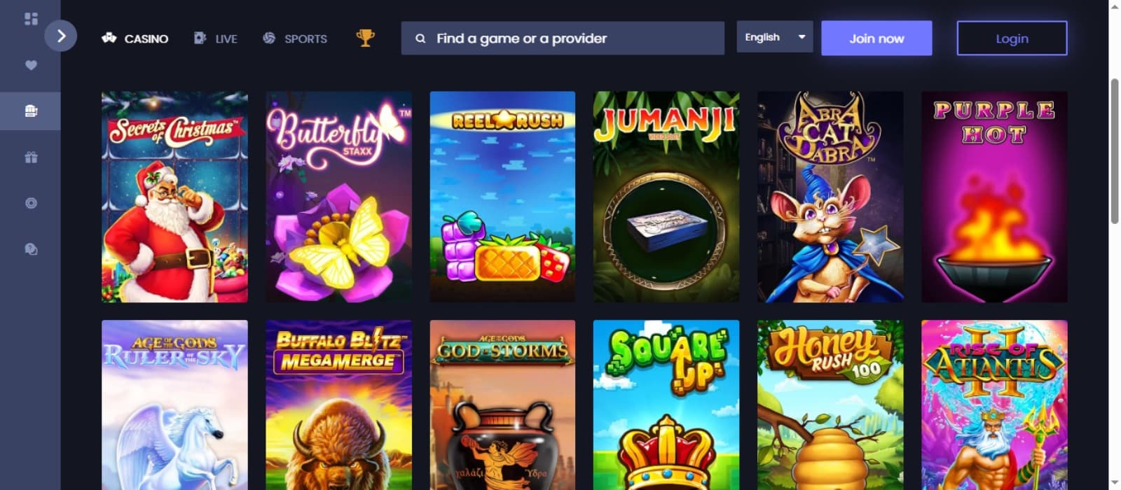 21LuckyBet casino games page with the slot game icons and top navigation menus