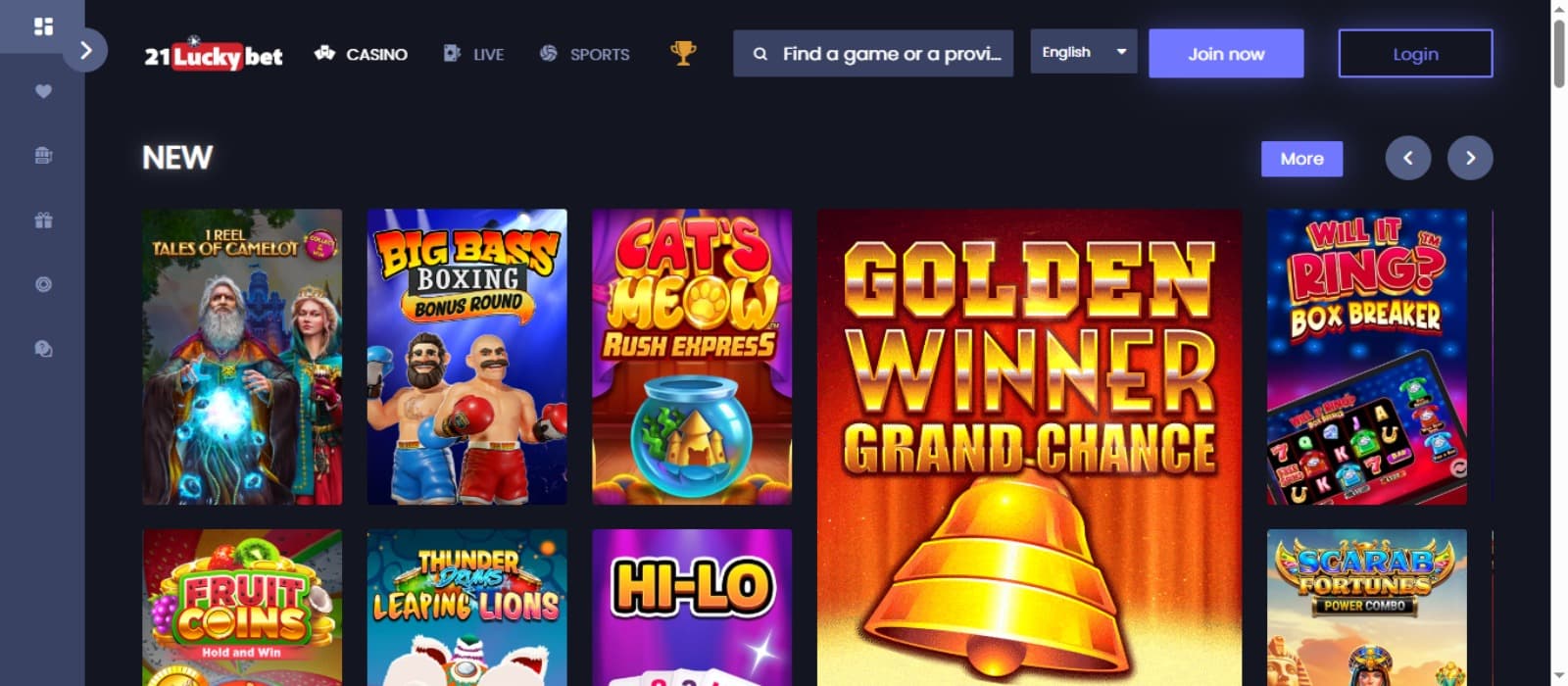 21LuckyBet casino landing page with the slot game icons, top navigation menus and search bar