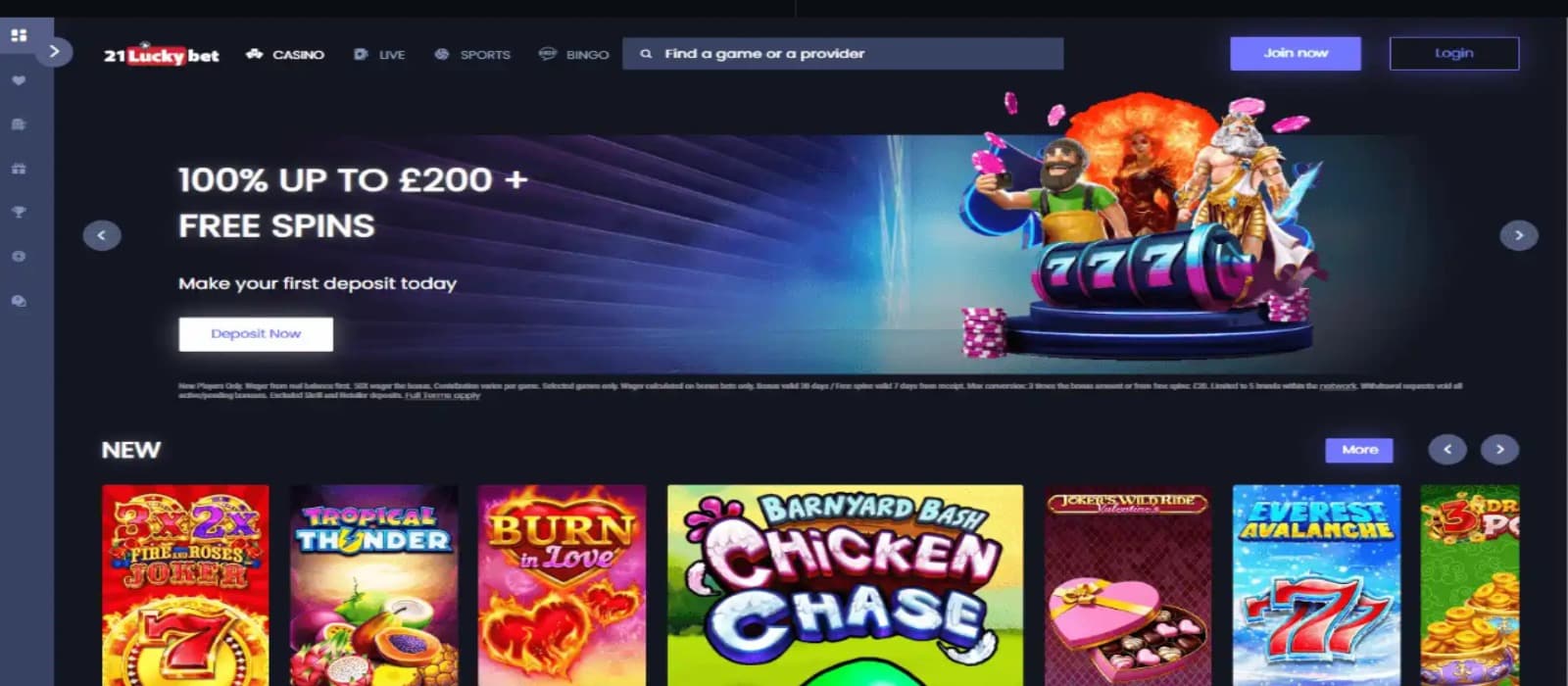 21LuckyBet casino promotions page with the welcome bonus offer banner displaying animated figures, slot game icons and top navigational menus