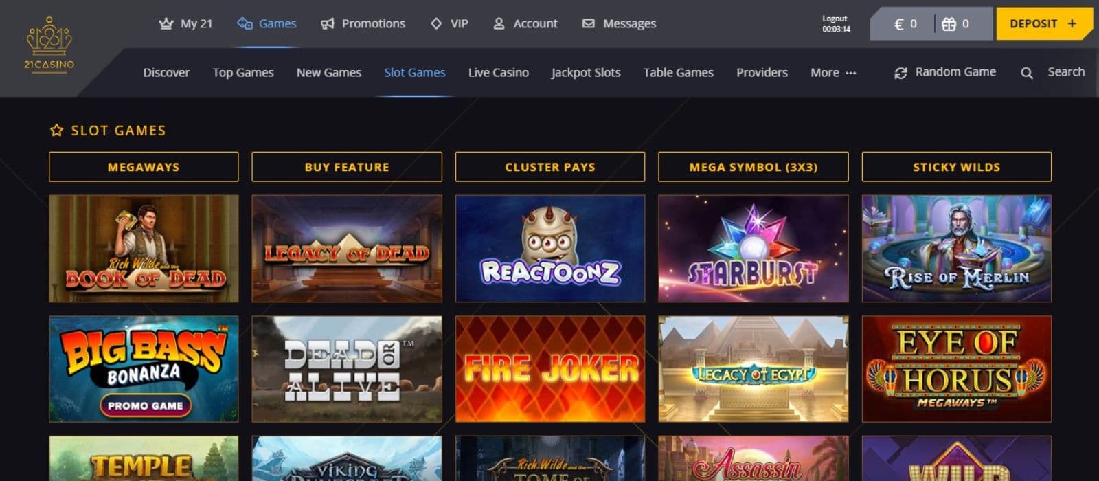 21Casino's slot games category, showing exciting titles like Book of Dead and other impressive games.