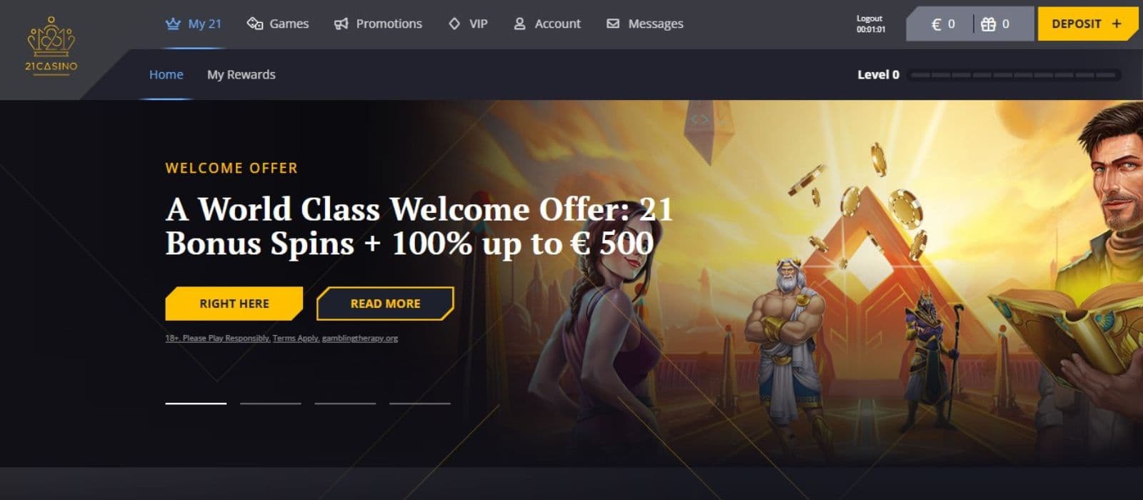 21Casino’s landing page, showing their welcome offer worth 21 bonus spins and up to €500 match bonus.