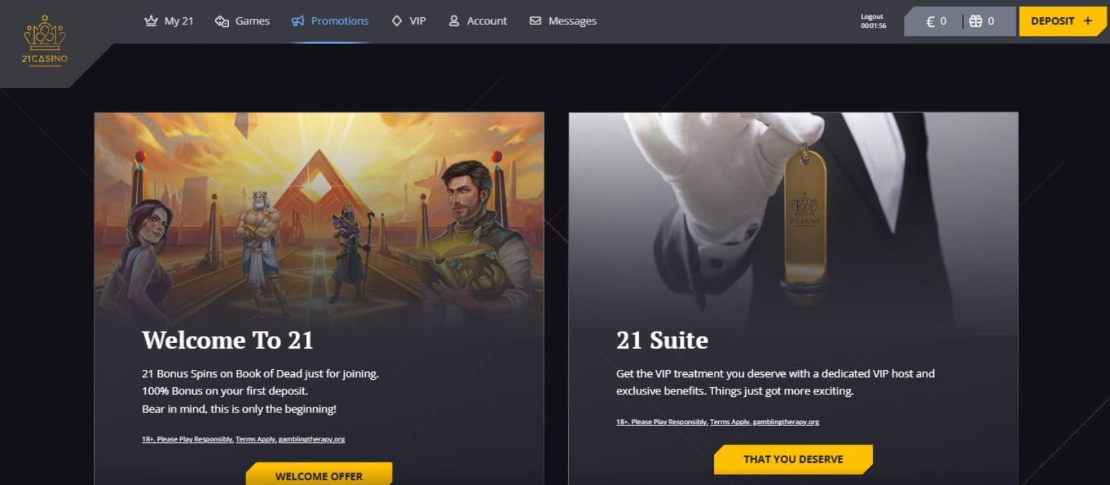 21Casino's promotion page, showing their welcome offer and the VIP club.