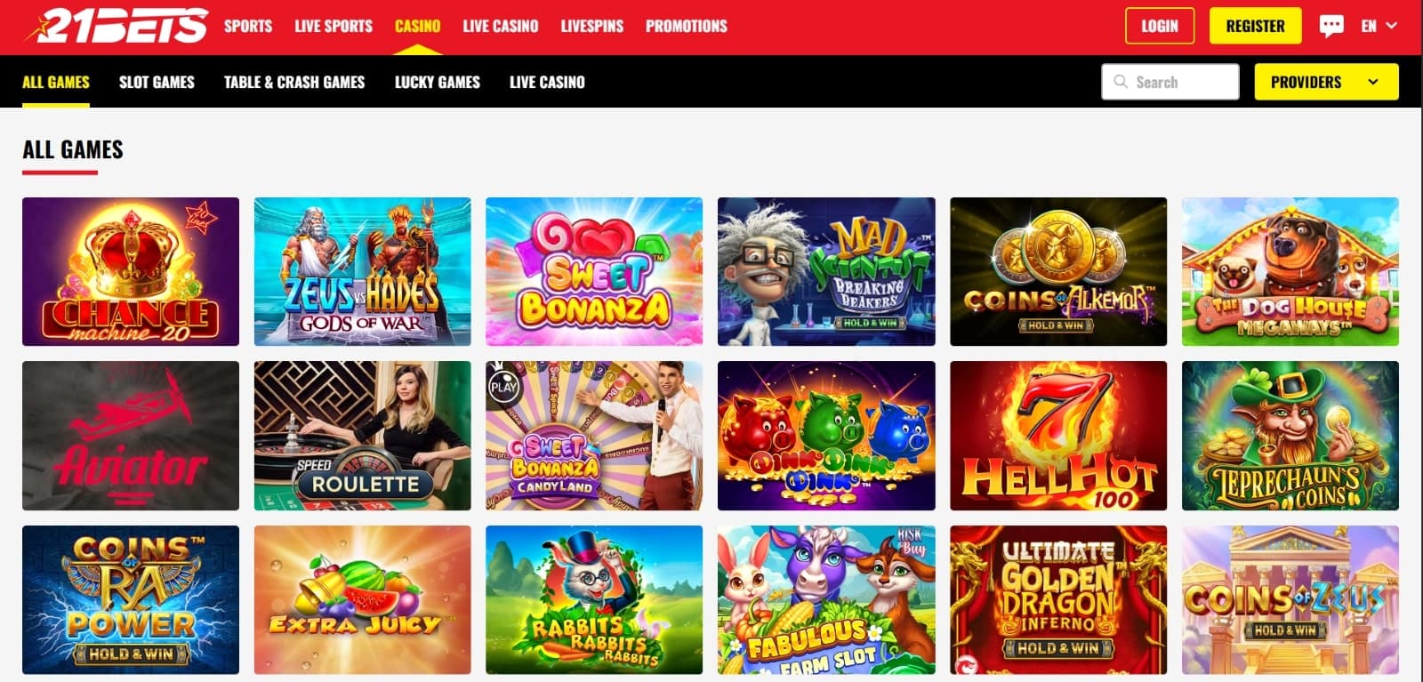  21 bets casino games section featuring slots, table games, and live casino options.