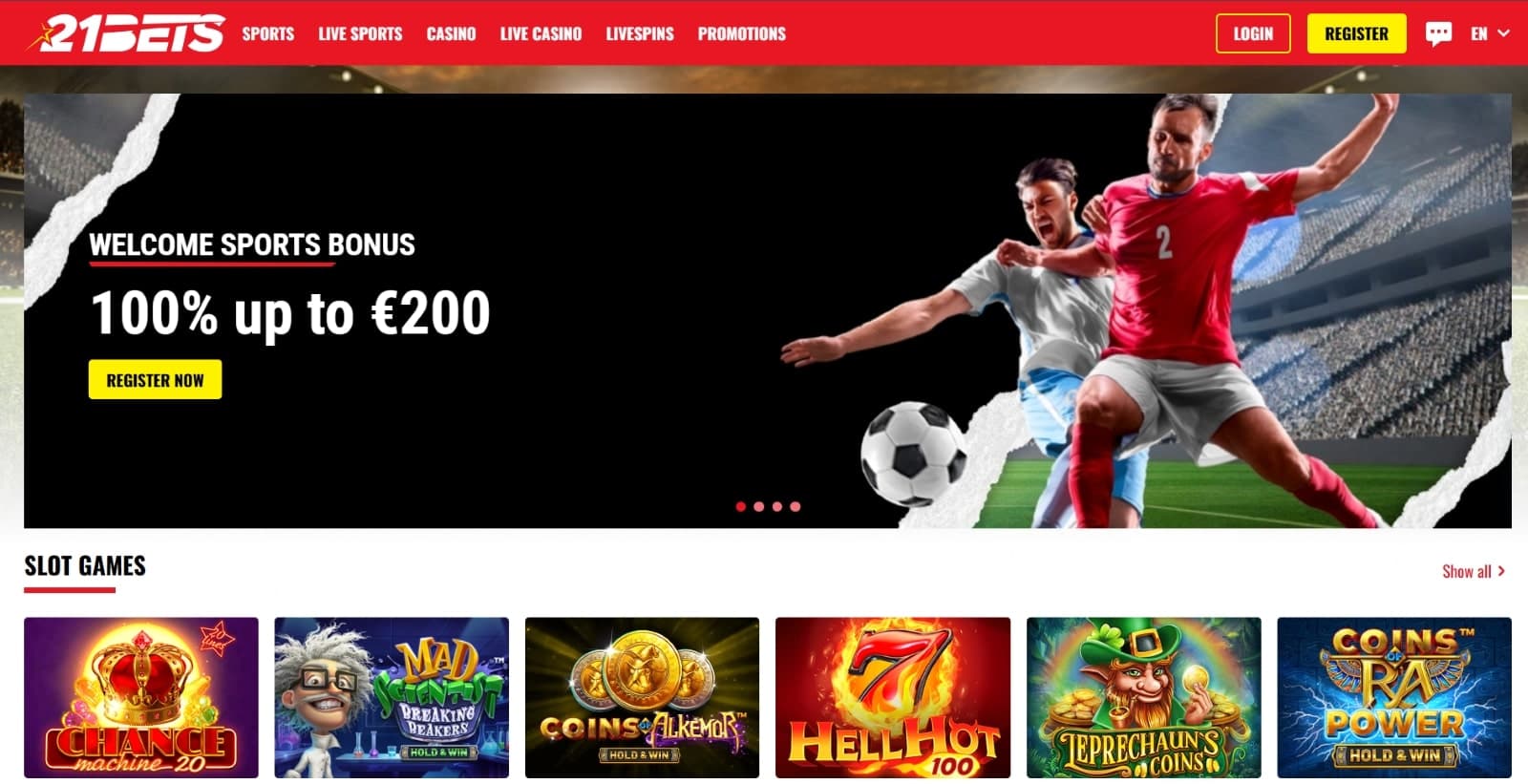  21 Bets Casino's homepage showcases a banner with the current casino and sportsbook promotions.