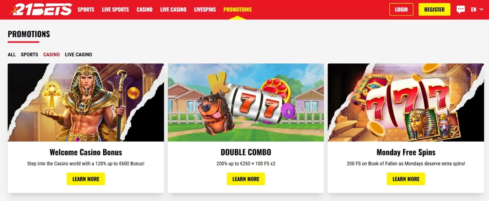 21 Bets Casino bonuses section with various welcome offers, reload bonuses, 
