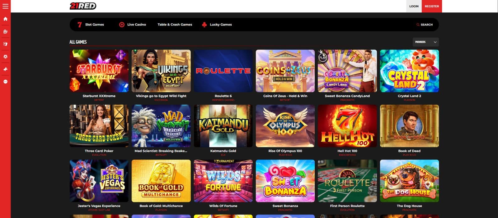 21Red games page showing a selection of slots and the game categories on top