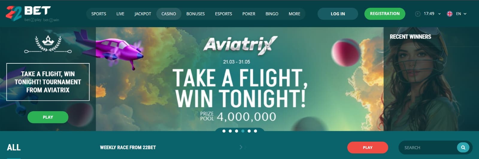 22Bet Casino landing casino page with Aviatrix prize pool banner