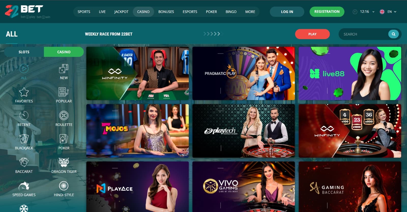 22Bet Casino games page with live casino tables from live88 and Vivo gaming