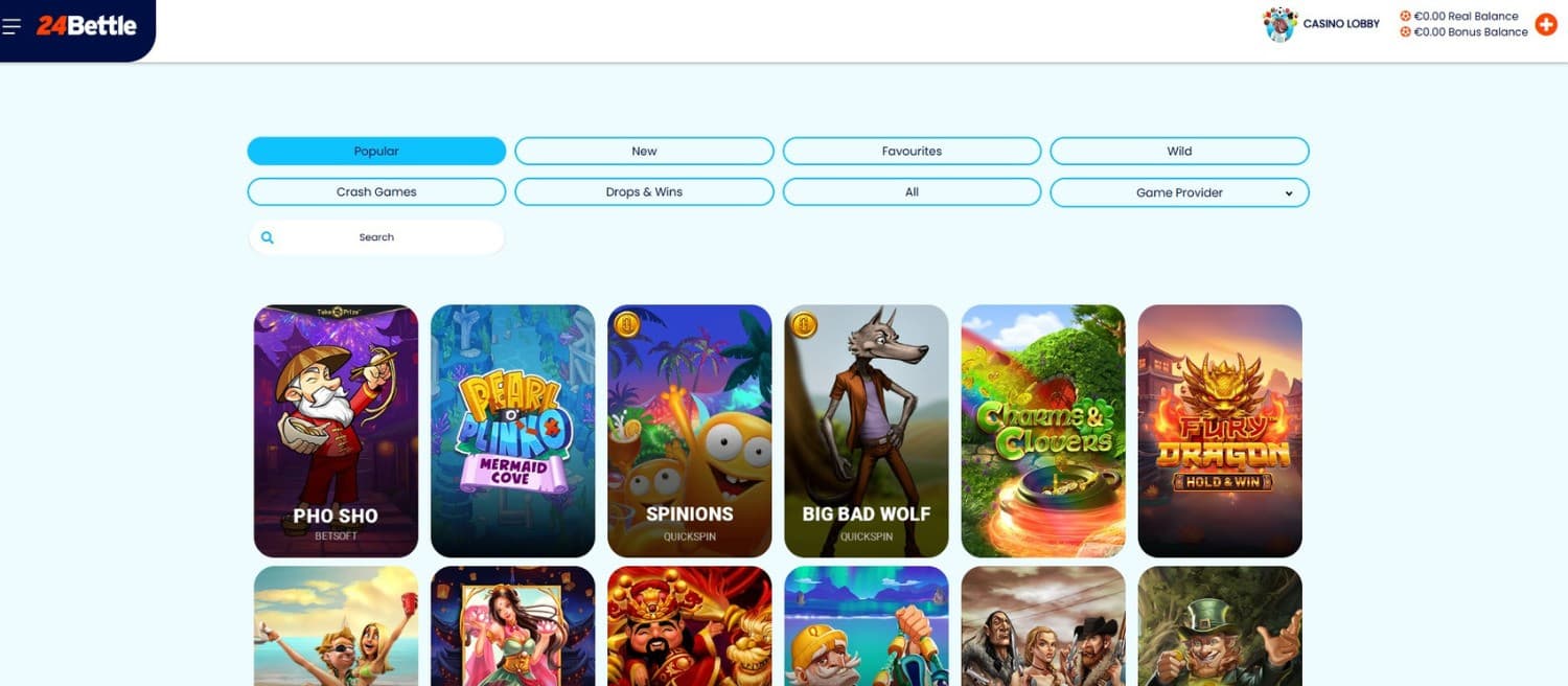 The games page of 24Bettle Casino presents a rich selection of popular slot games, such as Pho Sho, Pearl Plinko: Mermaid Cove, and more.