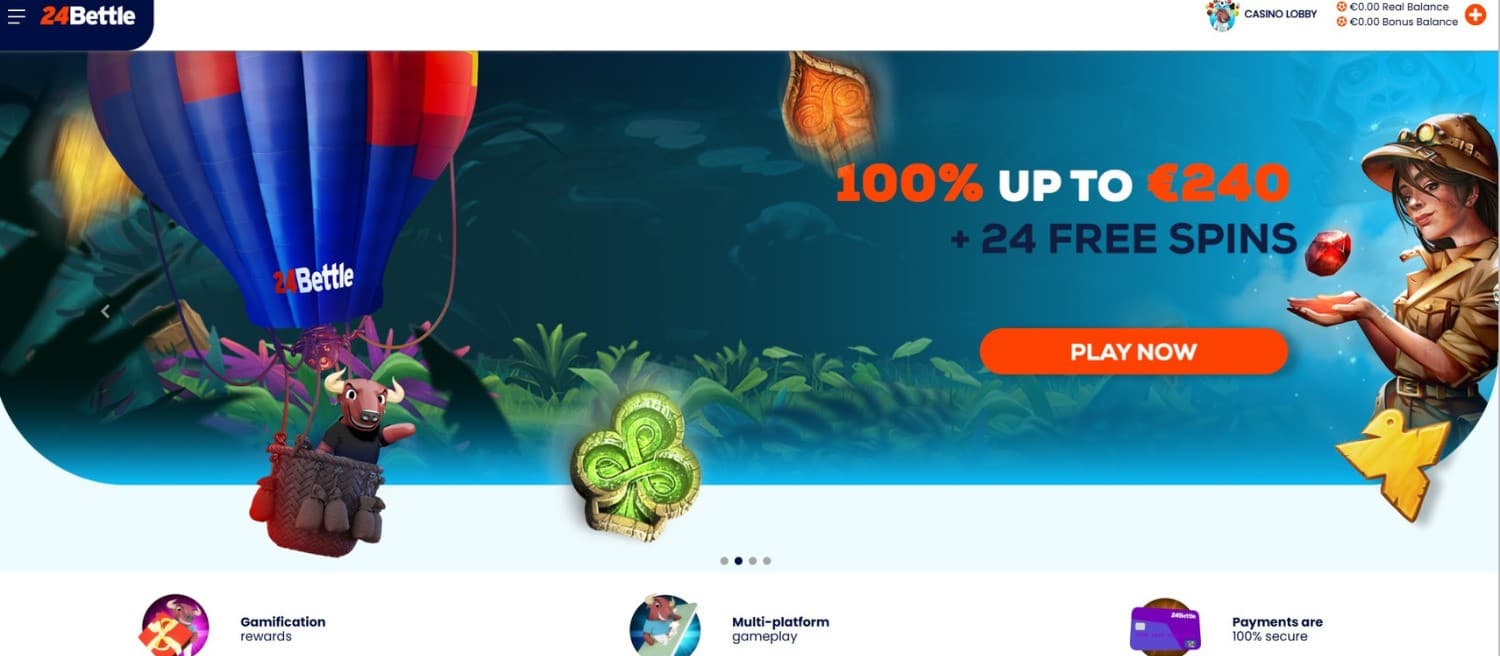 The landing page of 24Bettle Casino showcases the welcome bonus up to 240 euros and 24 free spins.