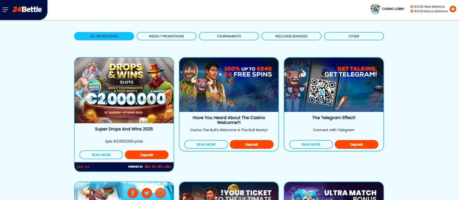 The promotions page of 24Bettle Casino displays several casino bonuses, such as Super Drops and Wins 2025, the welcome bonus, and more.