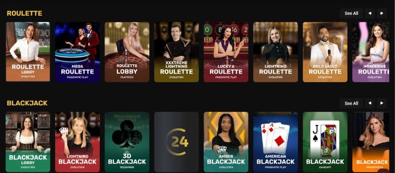 Some of the live casino games at 24C