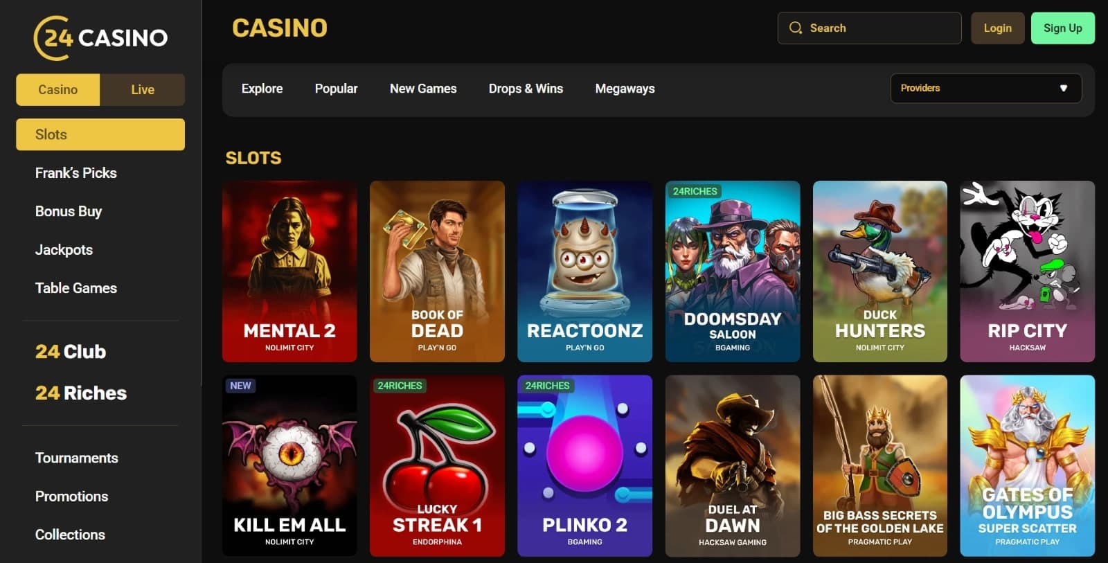 24Casino games page showing a selection of popular slot games
