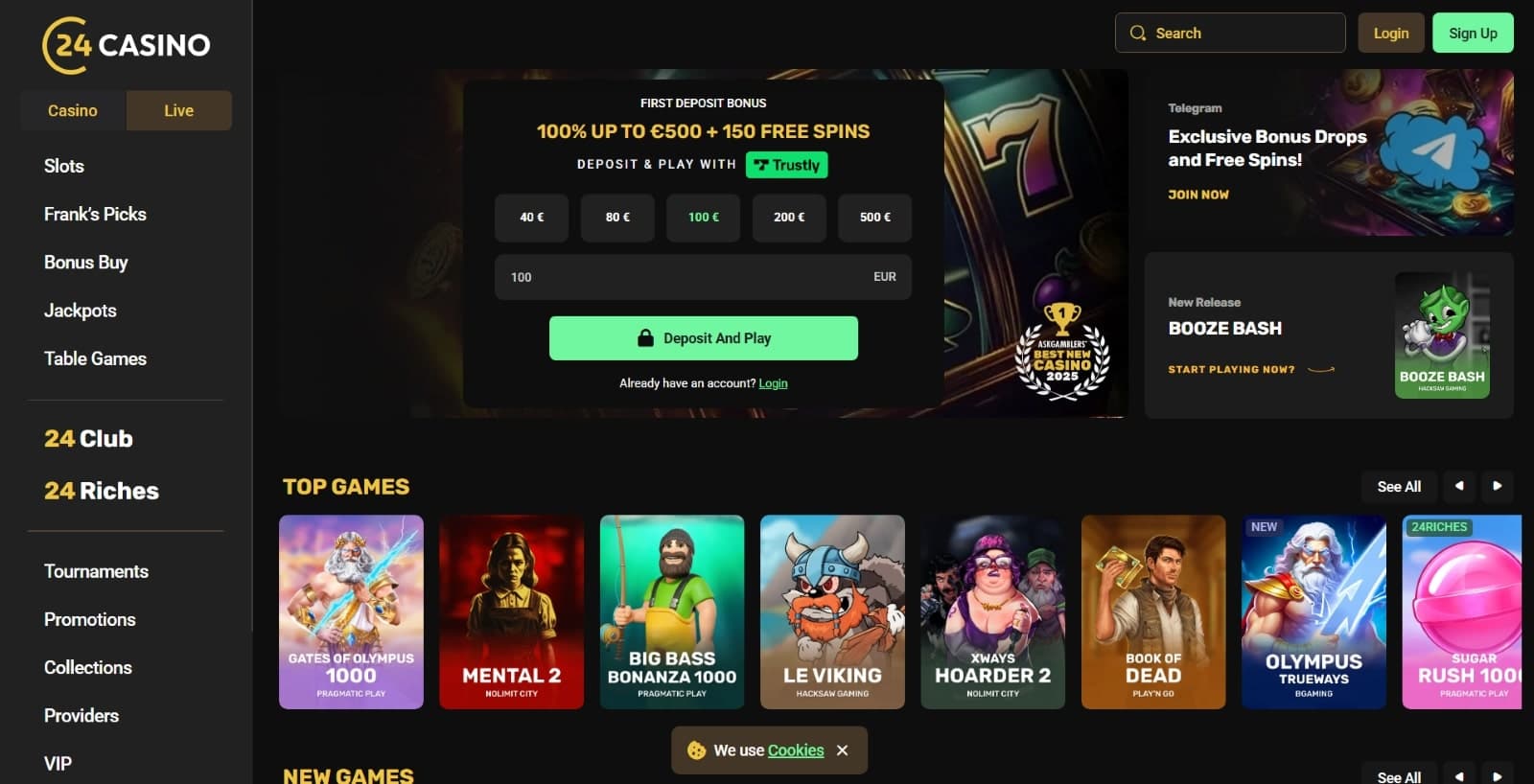 24casino-casino-landing-page showing a selection of games and the welcome offer