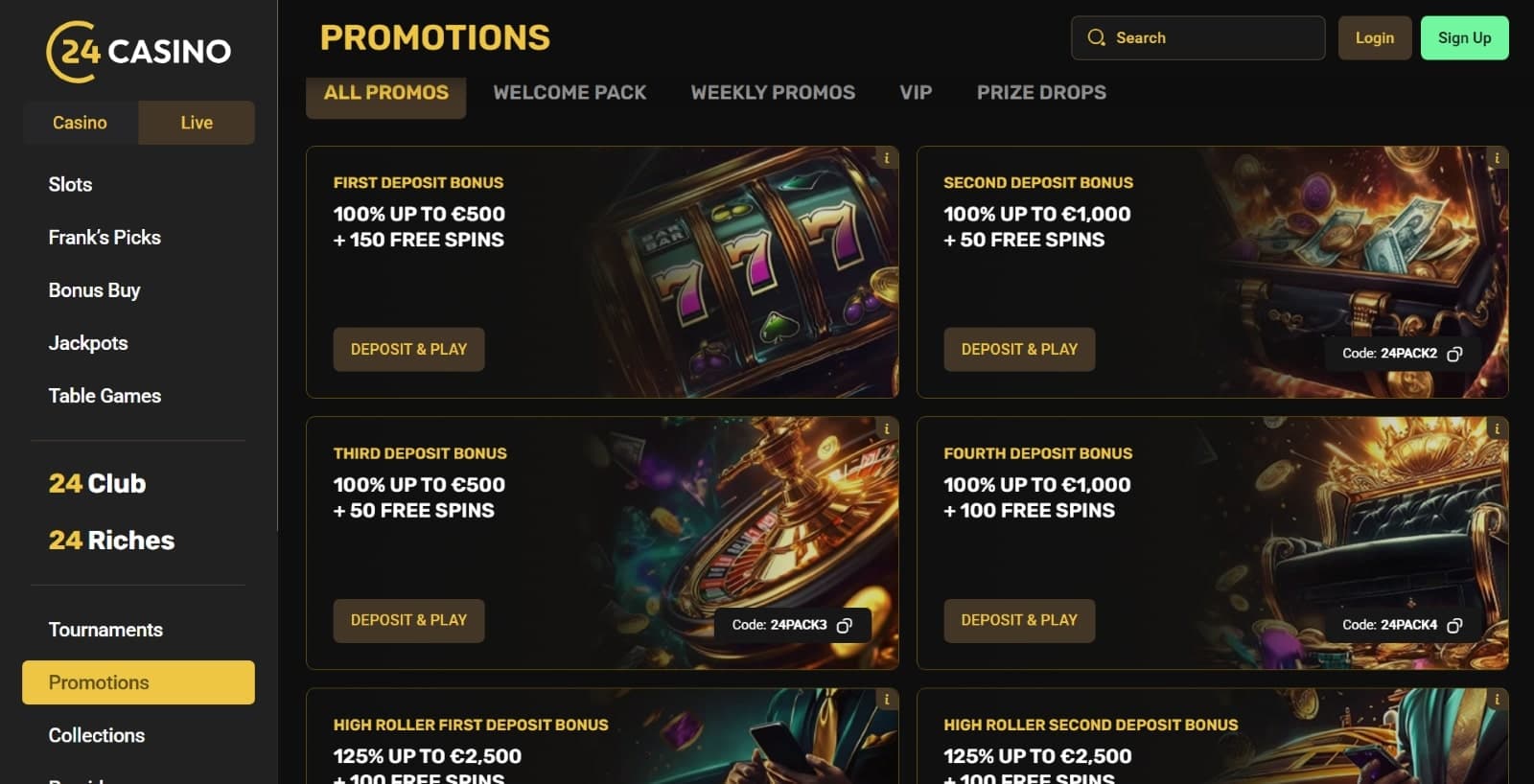 24Casino promtions page showing the available bonuses anad promotions