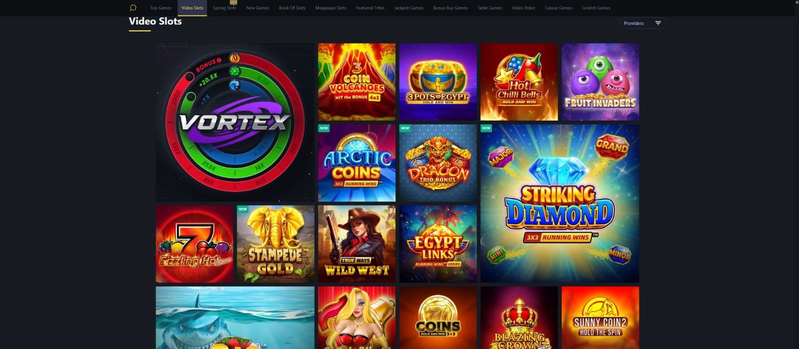 24Slots games page showing the top video slots and all the game categories on top
