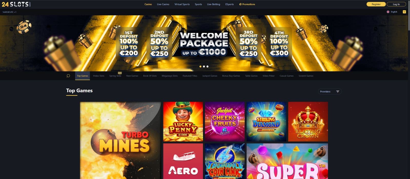 24Slots landing page showing the top games, game categories and the main menu on top