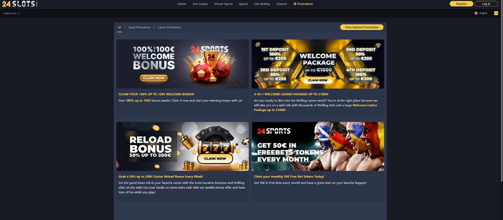 24Slots promotions page showing the available welcome bonus and other promotions