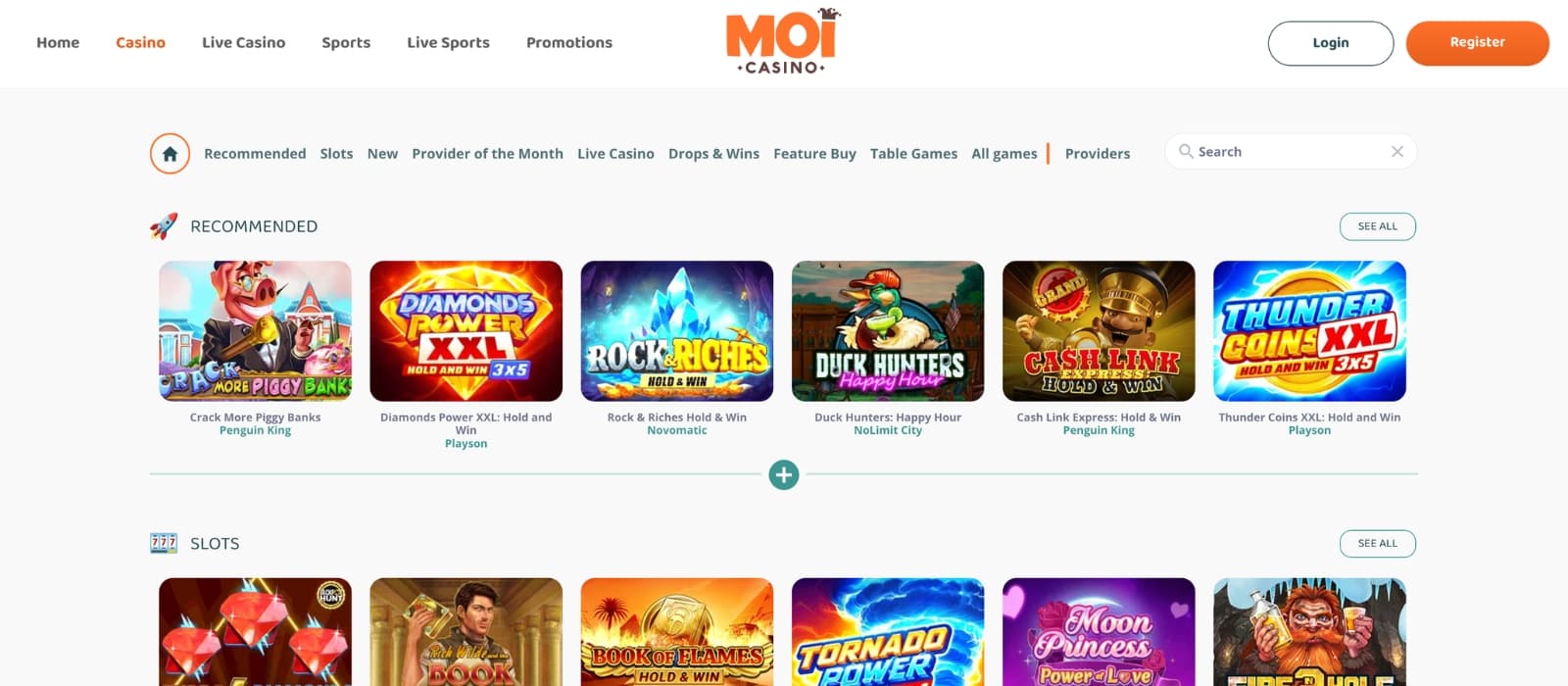Slot gameplay interface on MOI Casino with reels and control panel