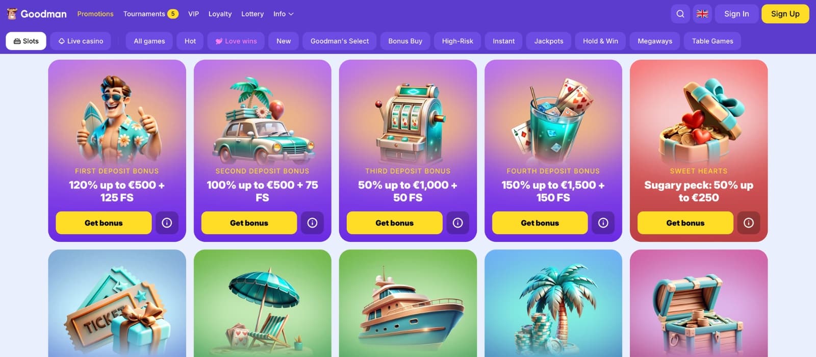 Overview of available bonuses on Goodman Casino including terms and claim buttons
