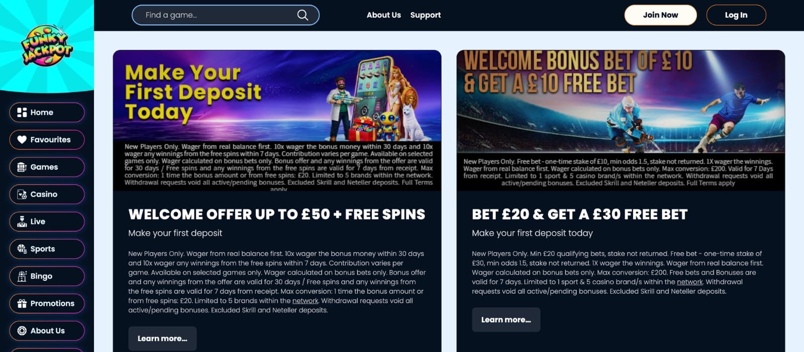 Funky Jackpot Casino promotions page displaying deposit bonus, free spins and cashback offers