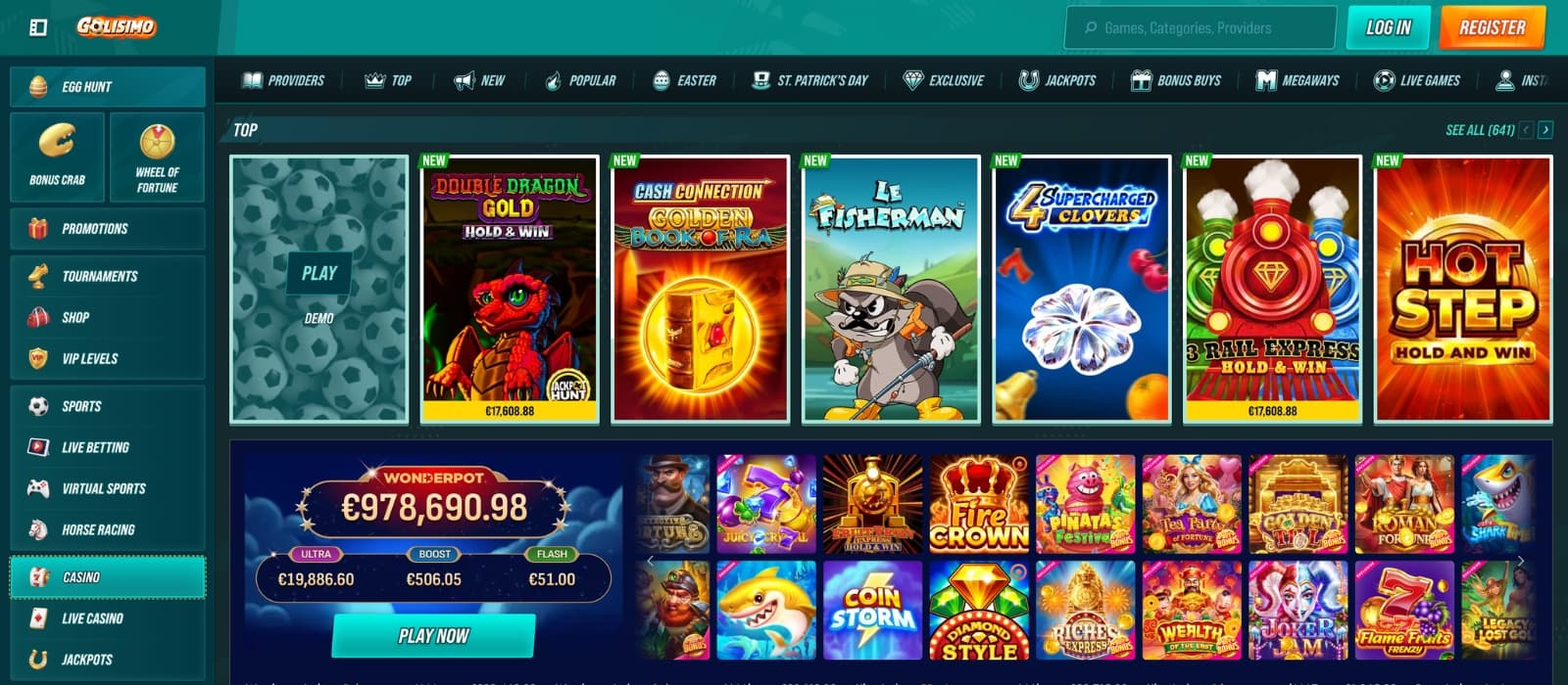 Golisimo Casino bonus page displaying large percentage match offer and free spins promotion