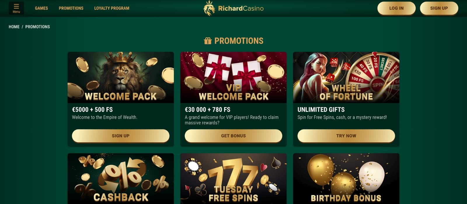 Richard Casino bonus page displaying multi-deposit welcome offer and free spins