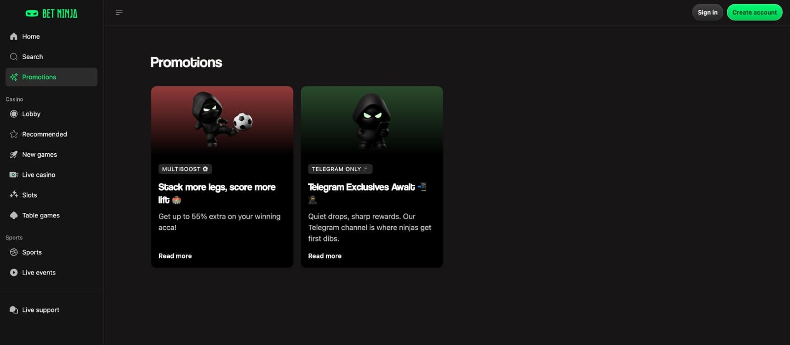 BetNinja promotions page outlining welcome bonuses and free spins