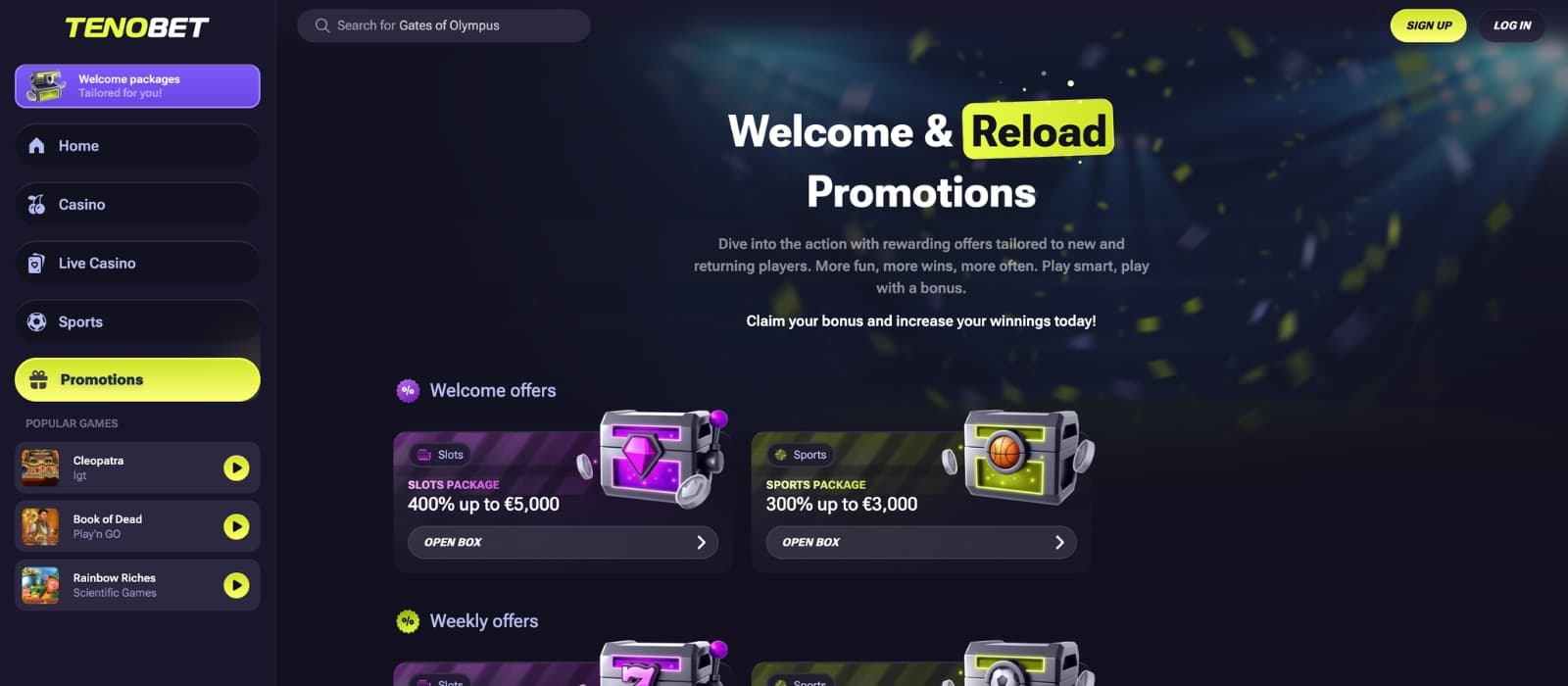 Tenobet Casino bonus page displaying multi-deposit welcome package with percentage match and free spins