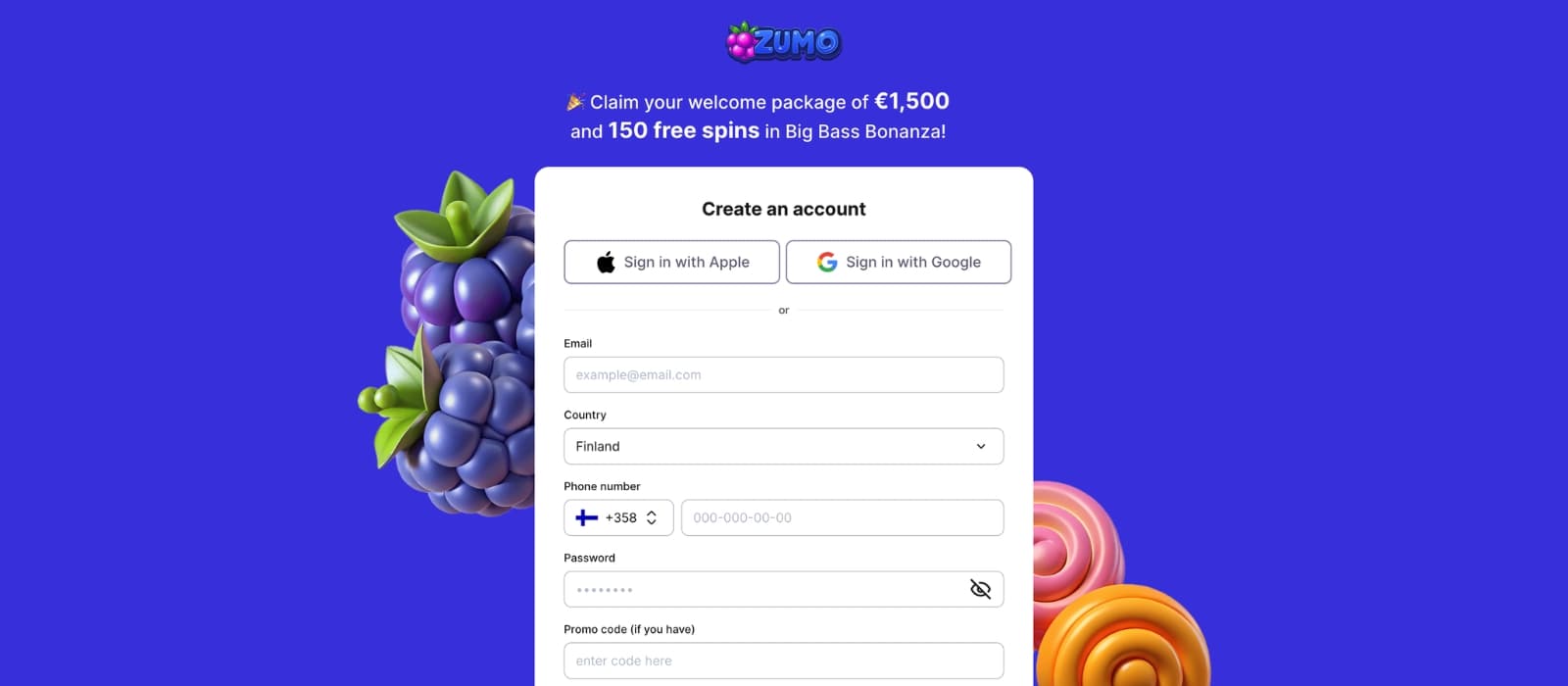 ZumoBet Casino bonus page displaying welcome package with deposit match and free spins