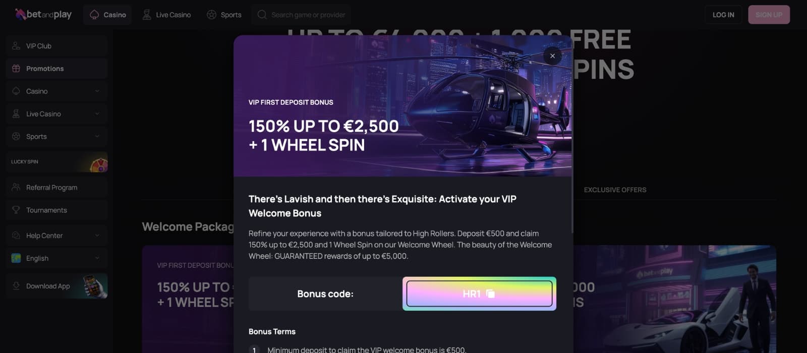 BetandPlay bonus page showing welcome and referral offers with terms