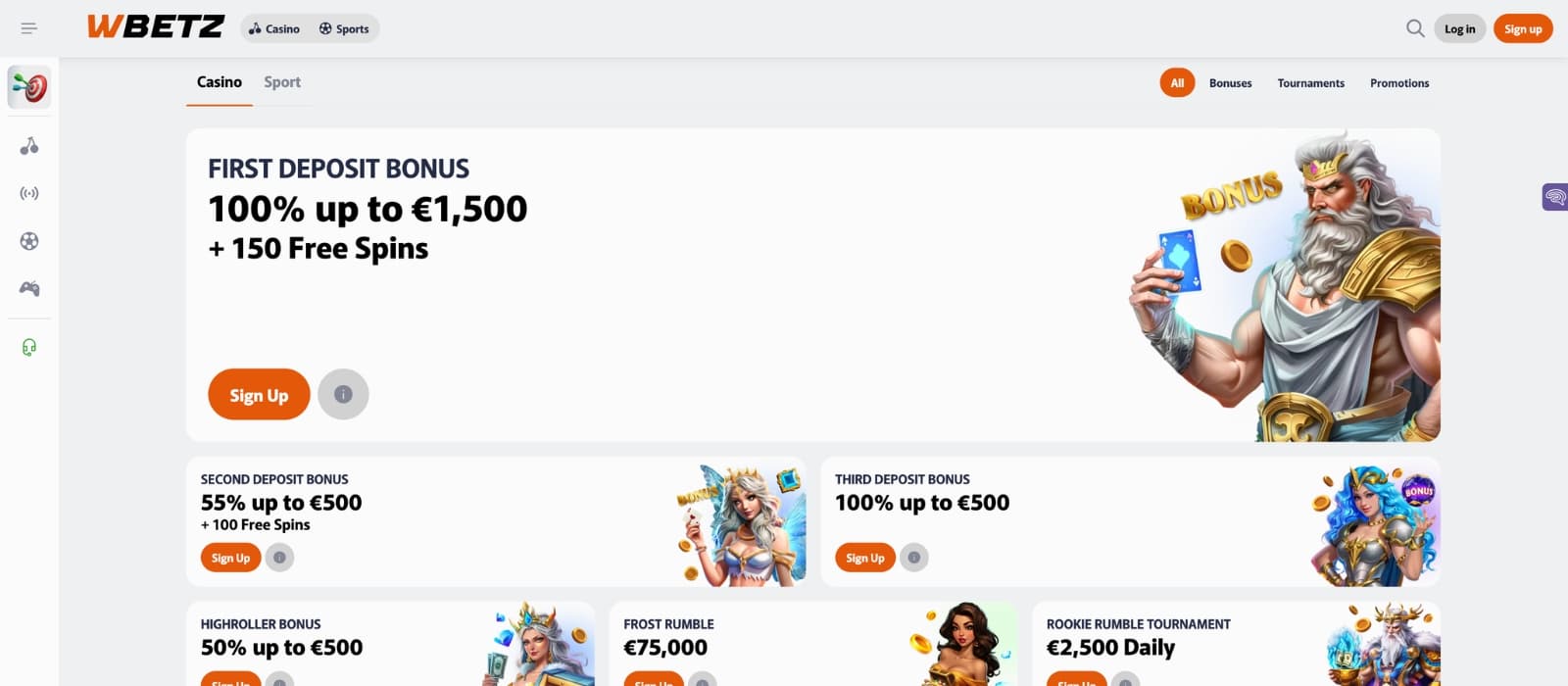 Wbetz bonus page showing welcome offers, free spins, and promo details