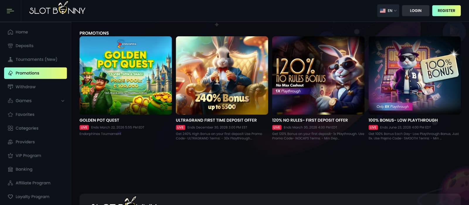 Bonus details page on SlotBunny showing deposit rewards and free spins