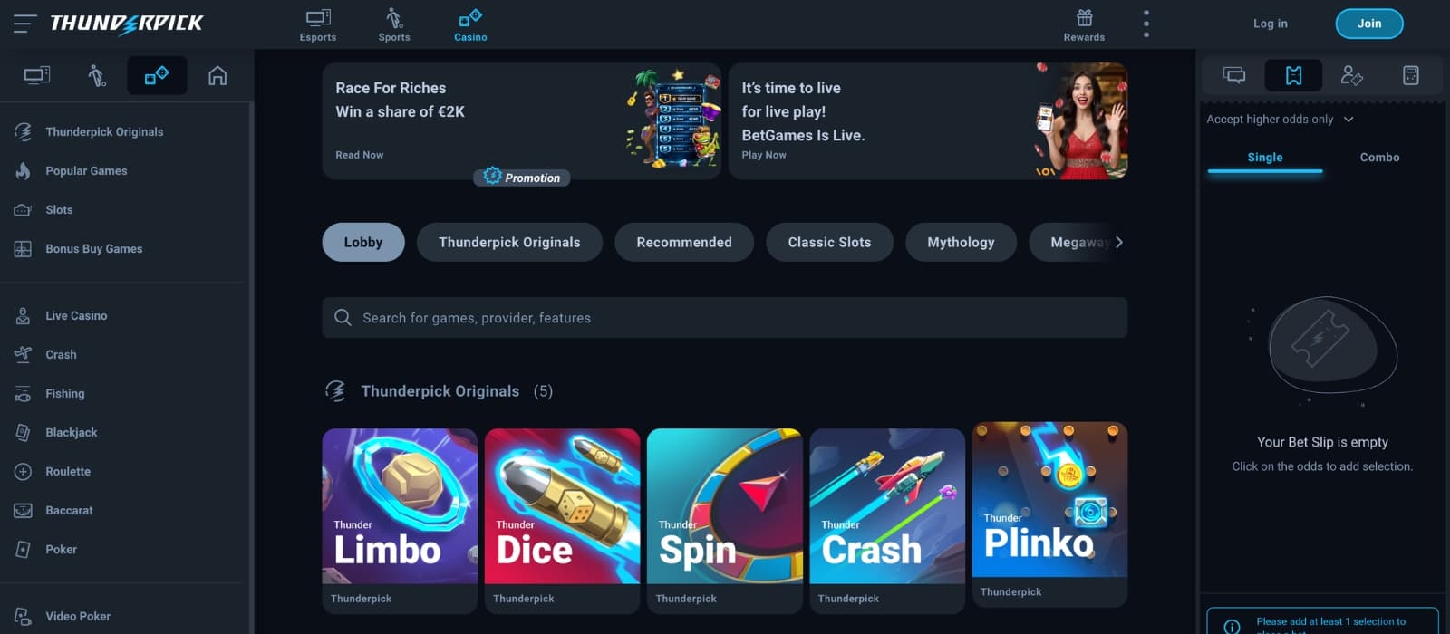 Slot gameplay interface on Thunderpick with reels spinning and controls visible