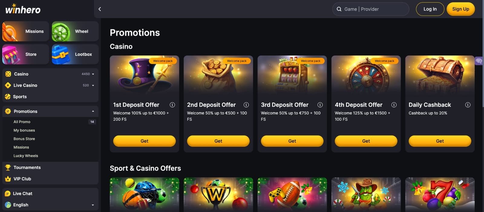 WinHero promotions page with details of welcome offers and free spins