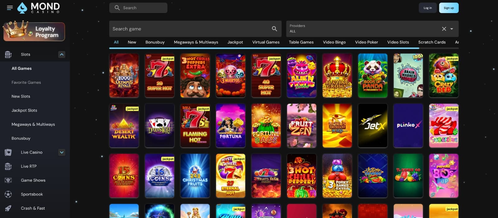 Mond Casino game lobby with slot titles, live casino, and table games