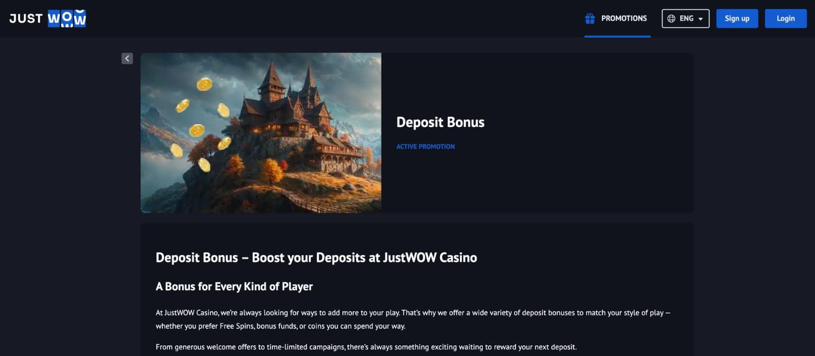 JustWOW Casino promotions page displaying welcome bonus, free spins and JustWOW Shop rewards