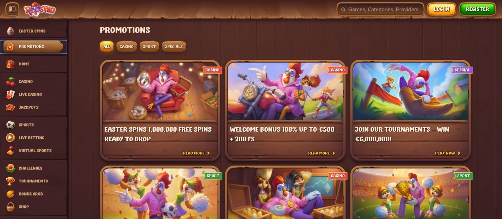 Roostino Casino bonus page showing deposit match offer and free spins promotion