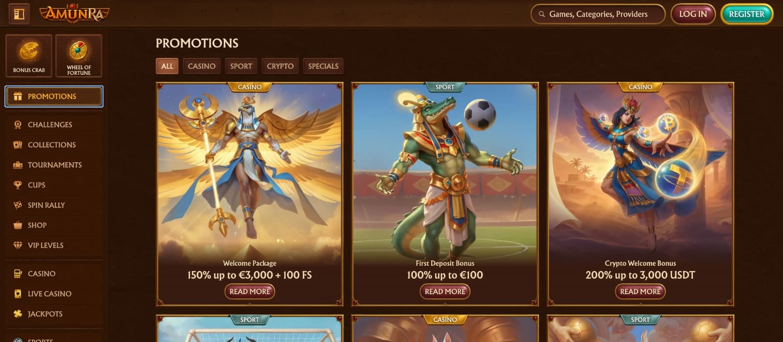 AmunRa games lobby displaying slot titles, live casino, and table games