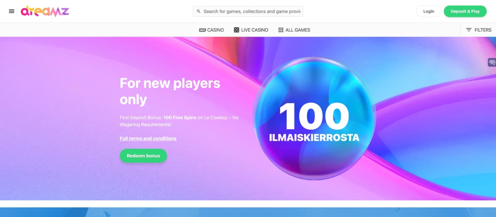 Dreamz bonus page showing welcome bonus and free spin details