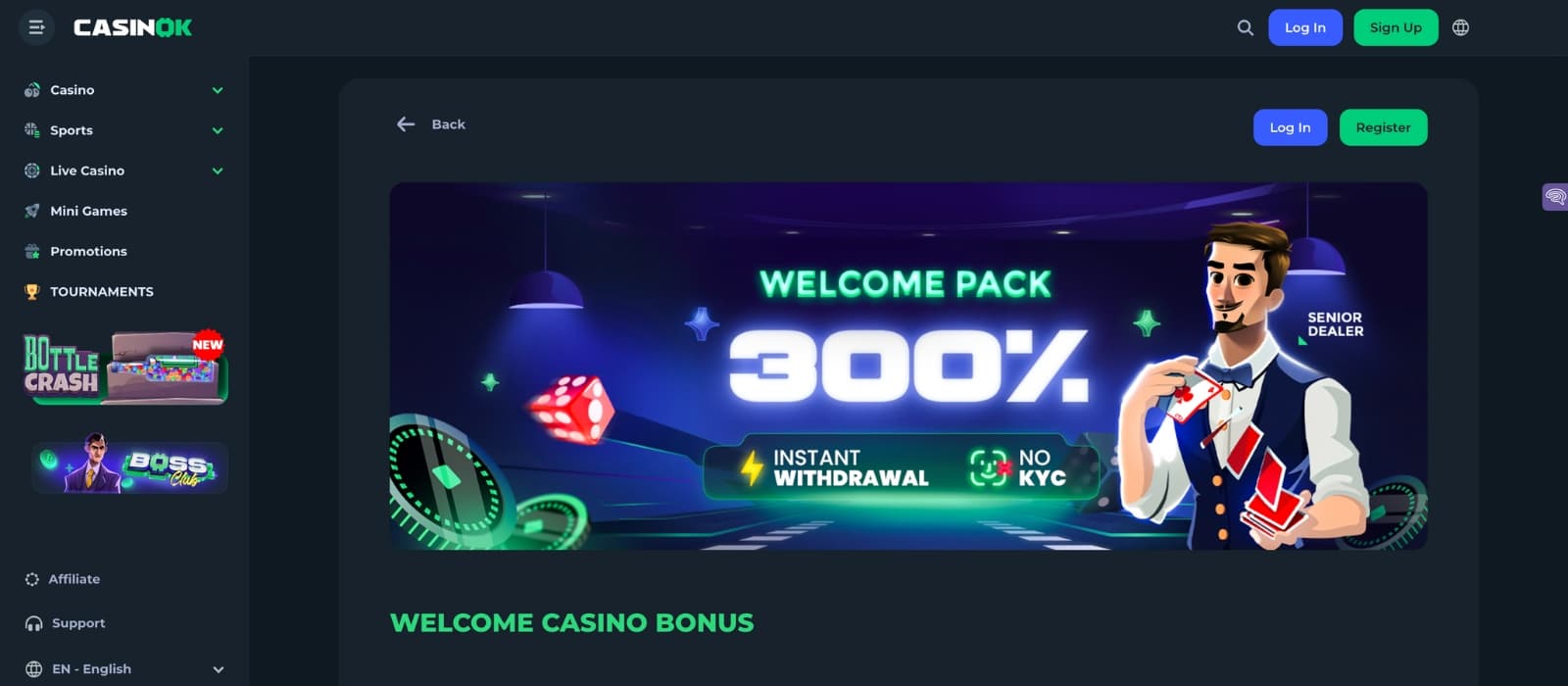 Overview of CasinOK casino offers with bonus amounts, terms, and claim buttons