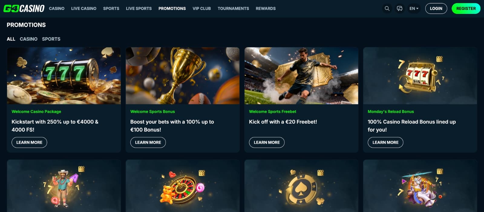 Go4Casino bonus page displaying welcome offer with deposit match and free spins