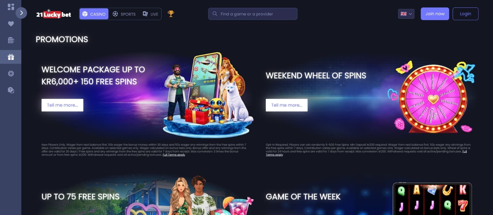 21LuckyBet promotions page outlining welcome rewards and free spins information